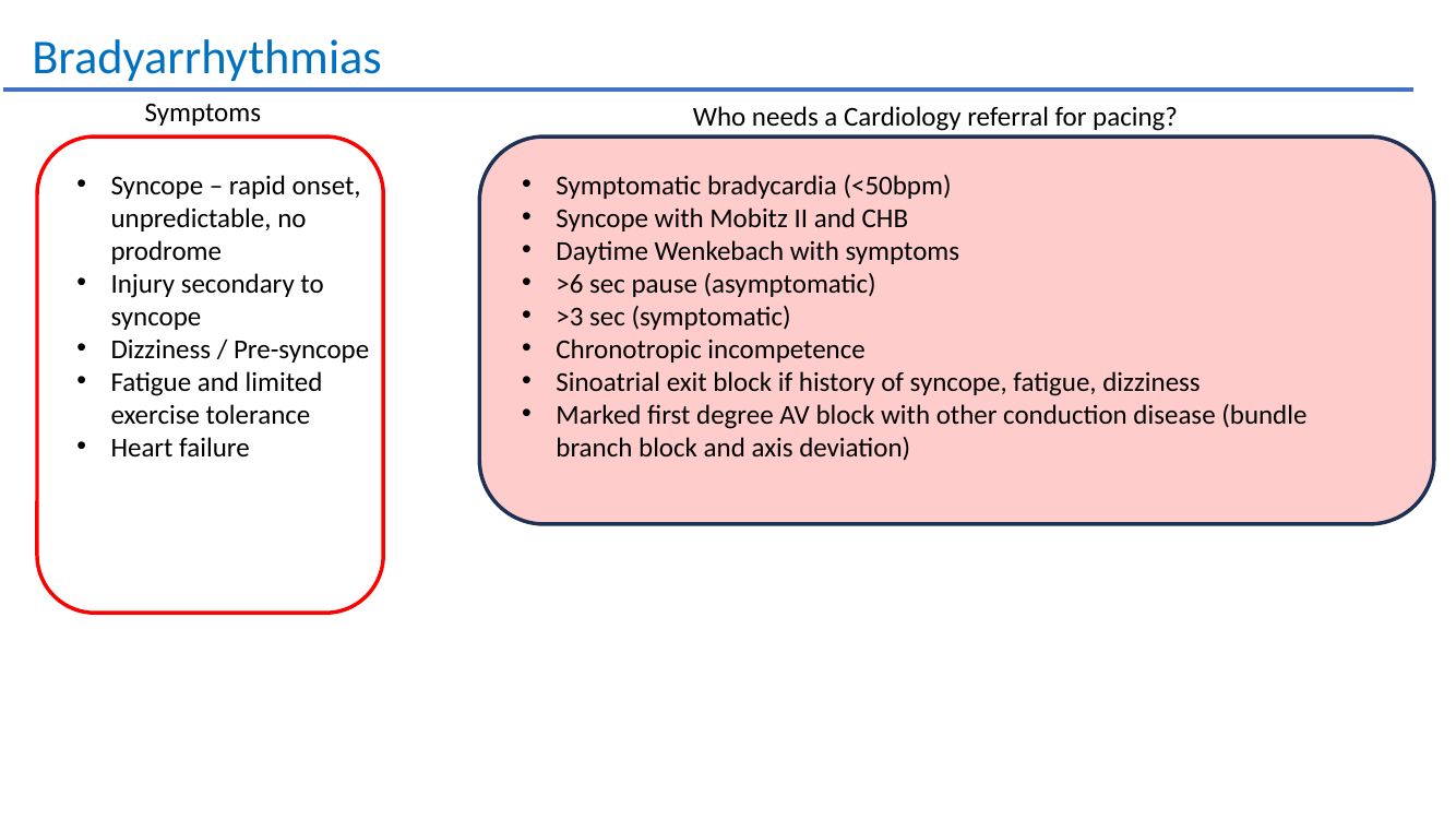 Bradyarrhythmia symptoms and pacing referral